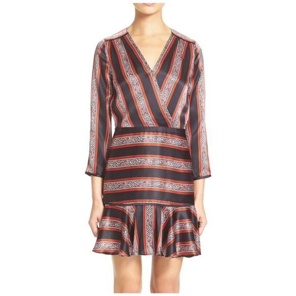 Veronica Beard Ivy Flounce Silk Mini Dress Printed Striped Long Sleeve Black Red - Picture 1 of 11